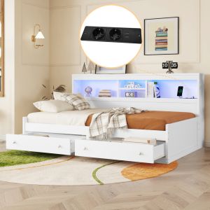 Sofá cama 90x200cm con LED, usb, enchufes y cajones madera – color blanco
