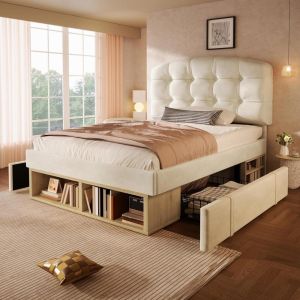 Cama individual 90x200cm con cajones, cabecero ajustable, beige