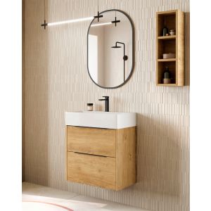 Mueble baño suspendido fondo reducido lavabo cerámico roble tirador negro
