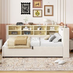 Cama con colchón blando,90x200cm,terciopelo,beige.