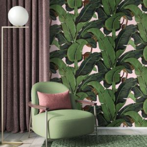 Papel pintado hojas de plátano rosa
