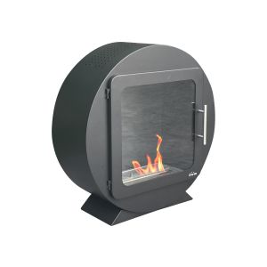 Estufa de etanol compacta con diseño moderno y puerta de seguridad negro