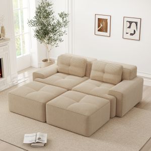 Sofá modular en u pana beige 2 plazas otomana asiento profundo