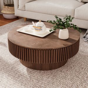 Mesa de centro redonda con almacenaje madera nogal diámetro 75cm