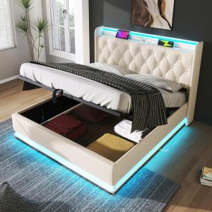 Cama doble tapizada con almacenaje 140x190cm LED usb-c blanco