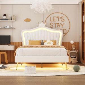 Cama 90x200cm con LED 16 colores y cabecero ajustable blanco
