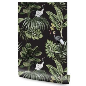 Papel Pintado Grullas Pájaros Y Hojas Exóticas Para Dormitorio 53cm x 10m