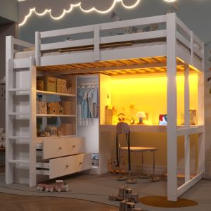 Litera 140x200 cm con escritorio LED usb y almacenaje madera mdf blanco