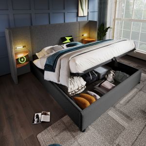 Cama con canapé 180x200cm con lámpara y puerto usb tipo-c lino – gris