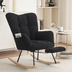 Mecedora teddy negra con reposapiés plegable y respaldo alto
