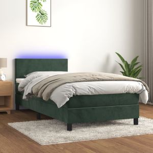 Cama box spring 80x200 cm, colchón y LED terciopelo verde oscuro rhu2118
