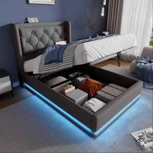 Cama Individual Tapizada 90x200cm con Canapé, USB-C y LED Algodón – Gris