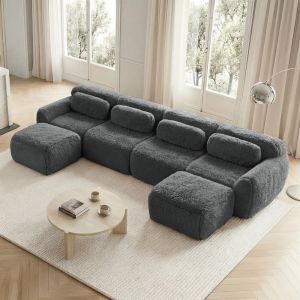 Sofá modular en u de felpa gris 4 plazas sin montaje con cojines