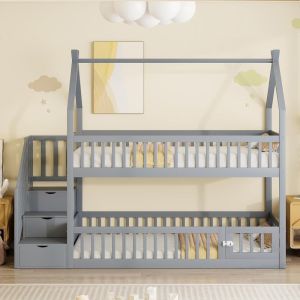 Litera infantil 90x200cm con escalera y cajones gris