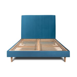 Cama de 135x190 cm con cabecero tapizado - tejido de terciopelo - azul océa