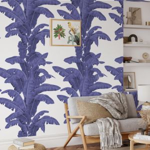 Papel pintado palmeras exóticas blanco y azul