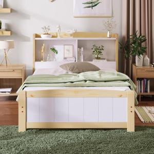 Cama infantil 90x200 cm madera maciza, natural y blanco