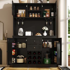 Armario alto de cocina con botellero 4 puertas 2 cajones negro 188x120x40cm