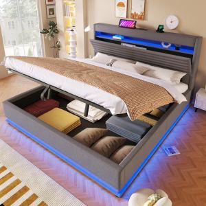 Cama tapizada 180x200 cm con LED usb tipo c y canapé de lino – gris
