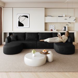 Sofá en u modular de tela negro 4 plazas sin montaje