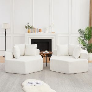 Sillón individual modular hexagonal chenilla beige con 3 cojines