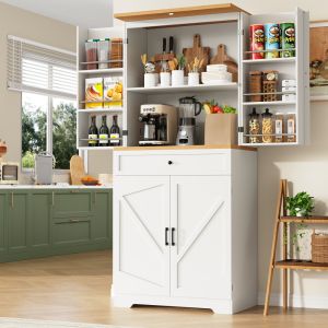 Armario alto de cocina con estantes abiertos y cajones blanco 180x80x40cm