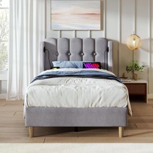 Cama 90x200 cm con colchón, cabecero tapizado, gris