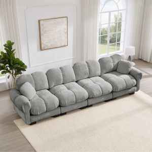 Sofá modular chenilla gris claro con cojines acolchados ergonómico