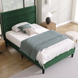 Cama tapizada 90x200cm con cabecero acolchado terciopelo – verde