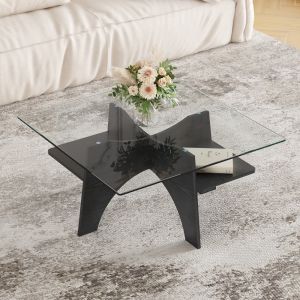 Mesa de centro cuadrada cristal y madera negra 40x80x80cm