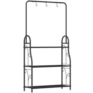Estantería para plantas 3 niveles con barra ganchos metal negro 137x75x25cm