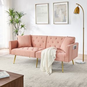Sofá 2 plazas terciopelo rosa con respaldo ajustable y 2 cojines
