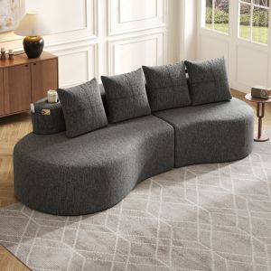Sofá lino gris oscuro con cojines, portavasos y bolsillos