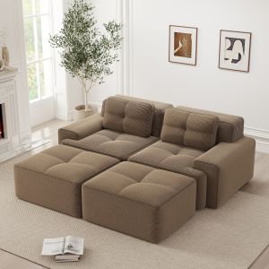 Sofá modular en u de pana marrón con otomana asiento profundo sin montaje