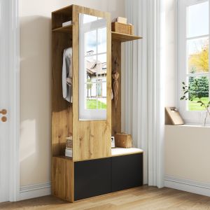 Mueble recibidor con espejo y zapatero negro y madera natural 191x100x38cm