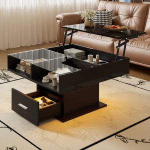 Mesa de centro elevable LED negro 45.5/59.5x78x78cm
