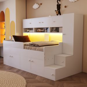 Cama 90x200cm con almacenaje, armario y LED de madera – blanco