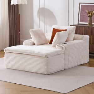 Sofá chaise longue plegable de pana beige con cojines y manta