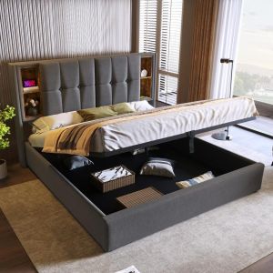 Cama 160x200 de algodón con carga inalámbrica, usb-c y arcón gris