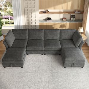 Sofá modular en u o l chenilla gris 6 plazas con 2 otomanas y almacenaje