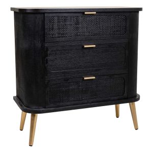 Cómoda de madera y rejilla lacado negra 80x35x81