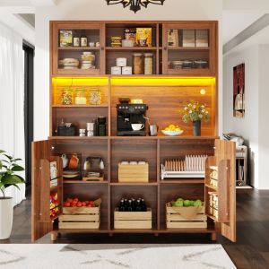 Aparador alto para cocina salón con LED 2 puertas nogal 185x140x40cm