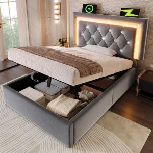 Cama tapizada 90x200cm LED carga usb canapé terciopelo gris con colchón