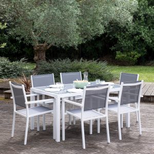 Conjunto de jardín bergamo en textileno gris 6 plazas aluminio blanco