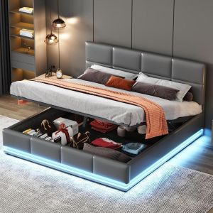 Cama tapizada 160x200cm gris con luces LED cabecero ajustable