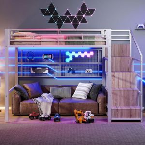 Cama alta metálica 140x200cm, armario, escalera, LED 7 colores, blanca