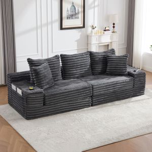 Sofá cama modular pana gris oscuro con respaldo alto y cojines