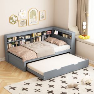 Sofá cama 90x200 cm extensible con usb y almacenaje madera maciza – gris