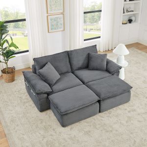 Sofá modular de suelo tela gris claro 2 plazas con reposapiés y bolsillos