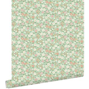 Estahome papel pintado flores verde, rosa terracota y blanco 50 x 900 cm